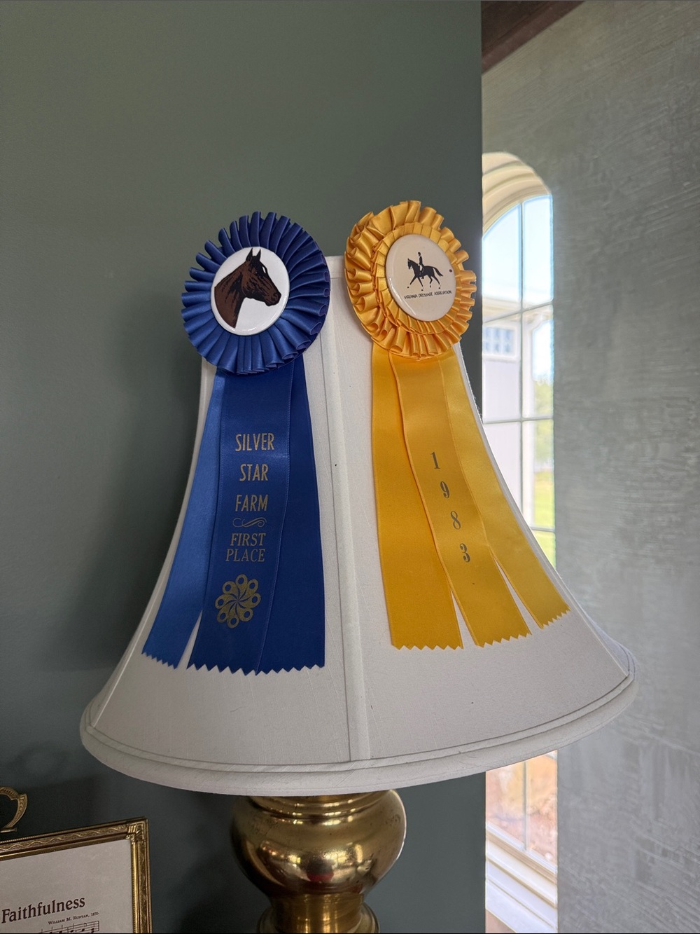 Silver Jeans Blue and Gold Award Ribbons Lamp Accent